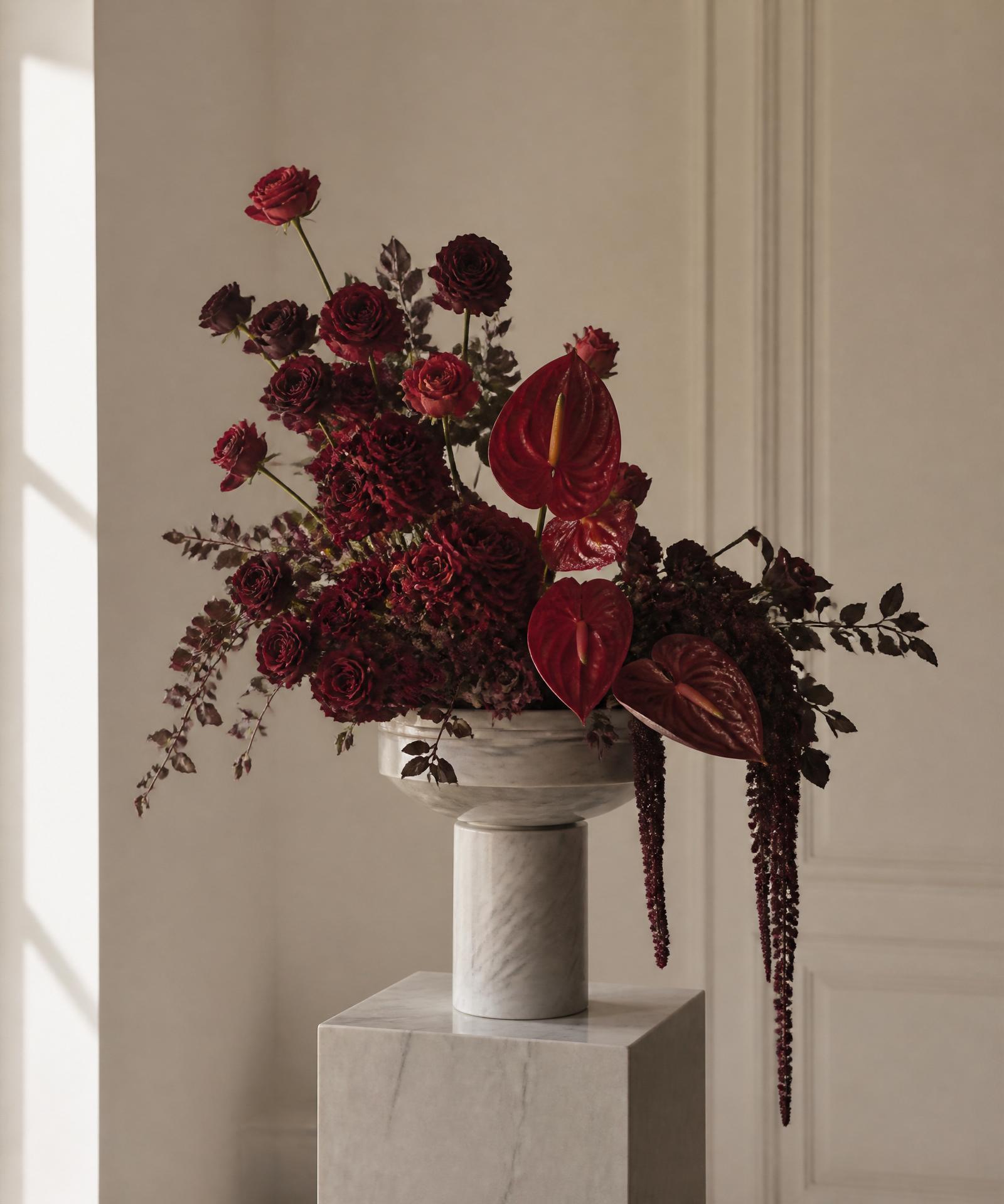 Sculptural burgundy floral arrangement in an ivory interior
